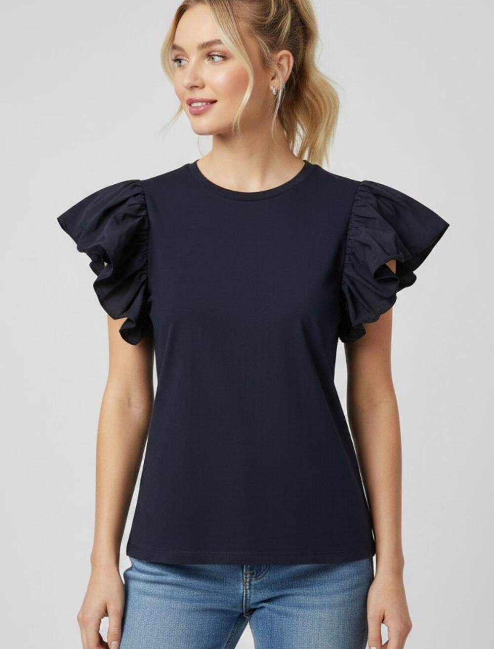 EXPRESS TOP WOMENS SIZE XLARGE CASUAL RUFFEL SLEEVE ROUND NECK TEE SHIRT NAVY